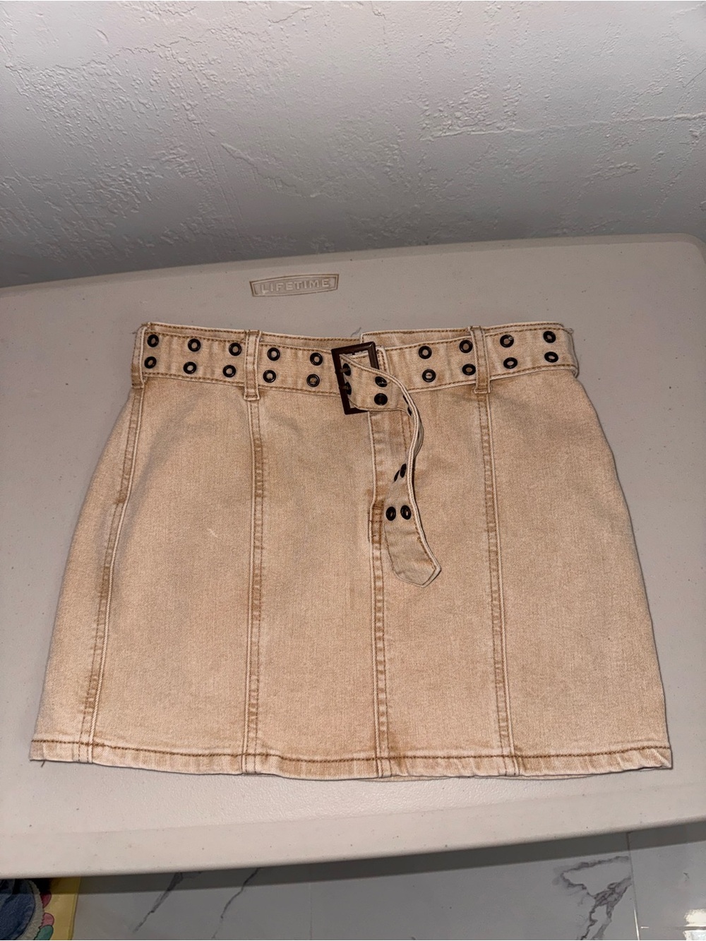 Beige High-Waist Belted Denim Mini Skirt